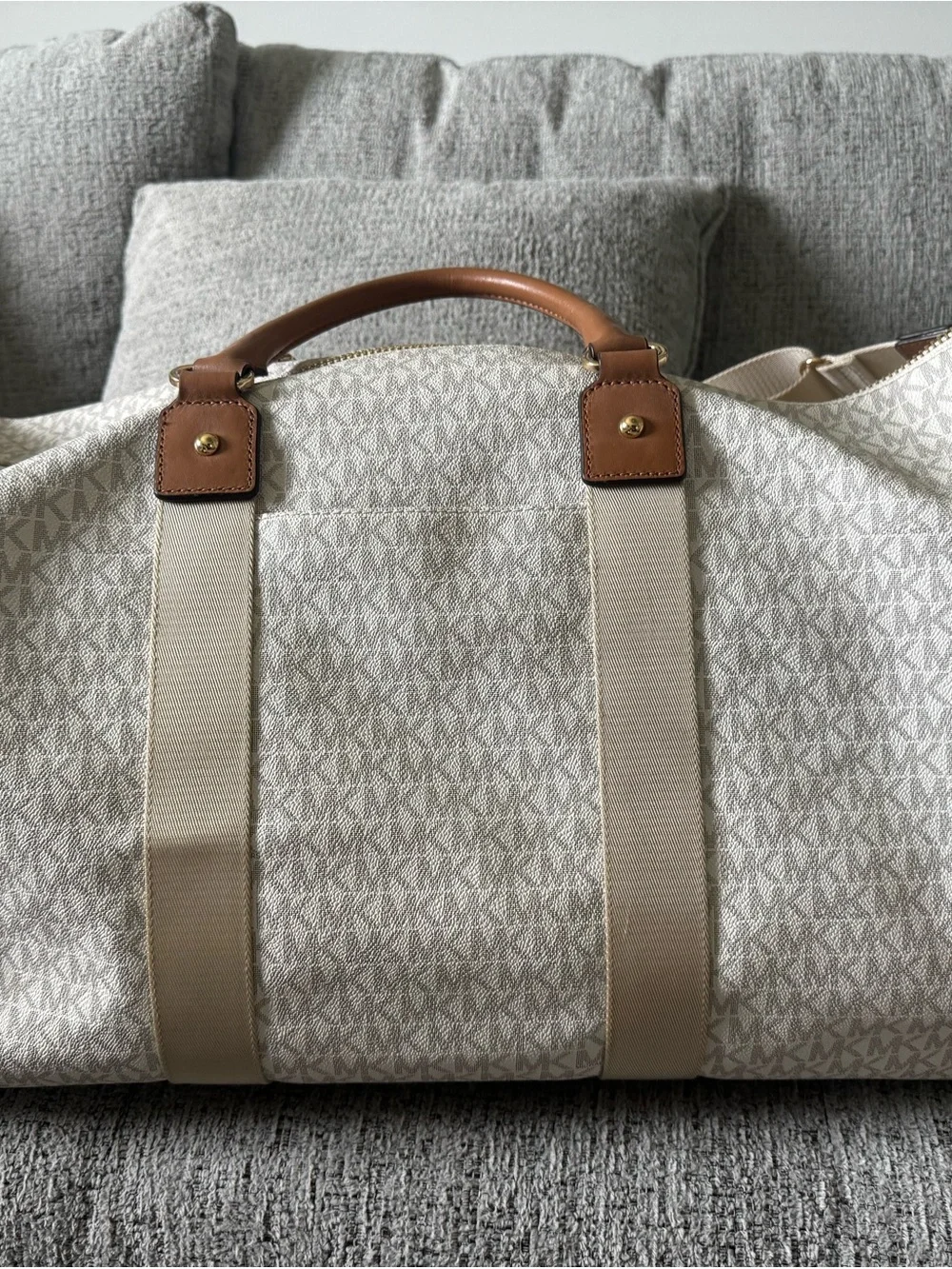 Michael Kors Cream Monogram Canvas Duffel with Brown Leather Trim